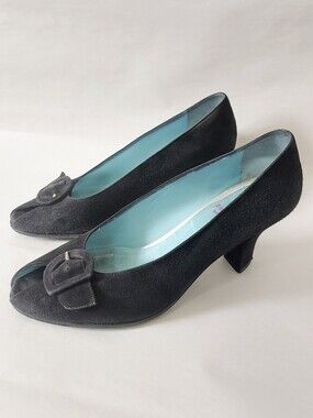 Thierry Rabotin Women Black‎ Suede Peep-Toe Heels Size 39.5 EU Buckle Mid-Heel